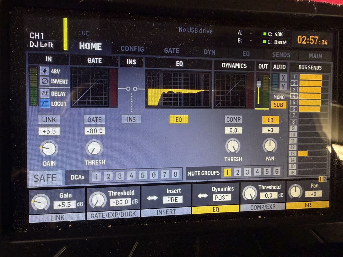 Behringer X32 channel screen showing channel 1 named DJ Left