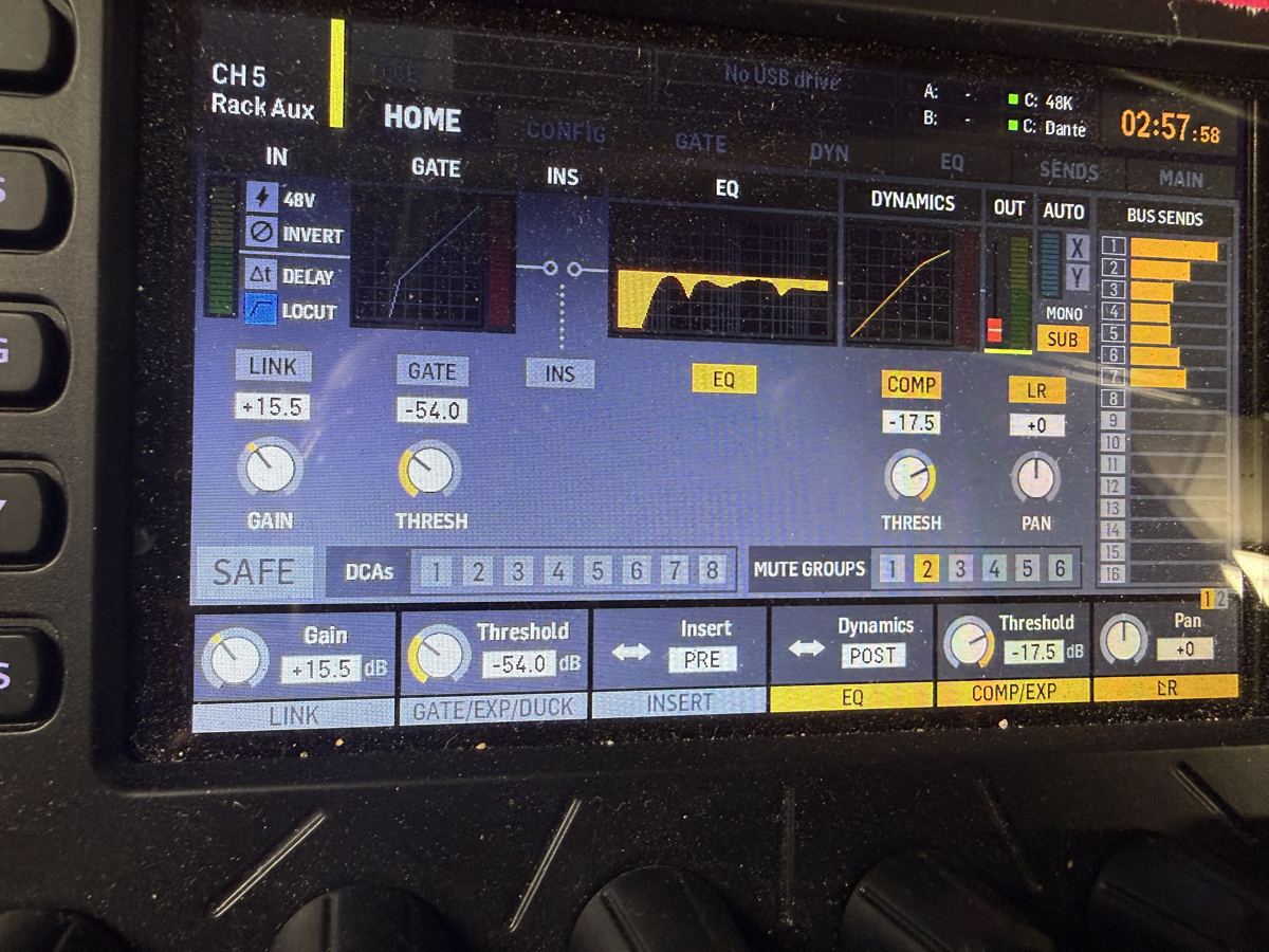 Behringer X32 channel screen showing channel 5 named Rack Aux